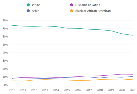 Chart depicting racial representation in YouTube from 2010-2021